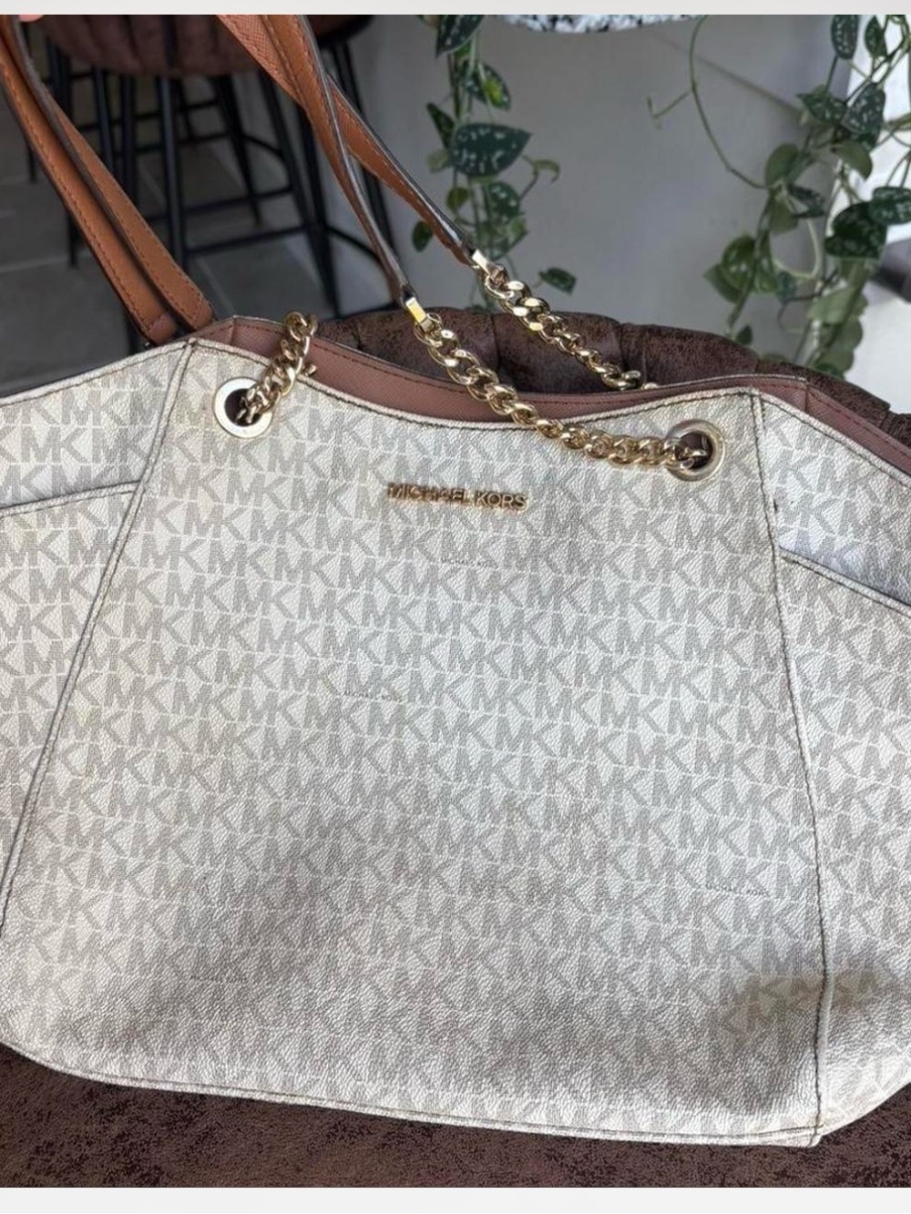 Michael Kors Cream MK Logo Tote with Tan Leather Trim
